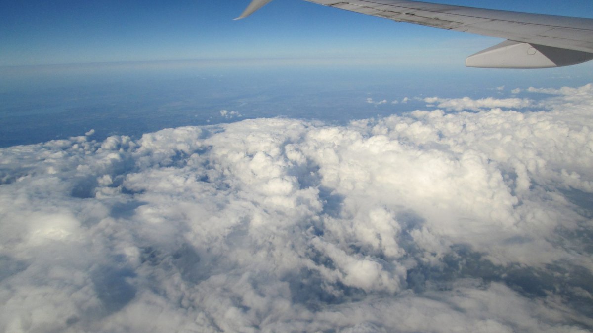 飛行機の窓から見た主翼と雲海